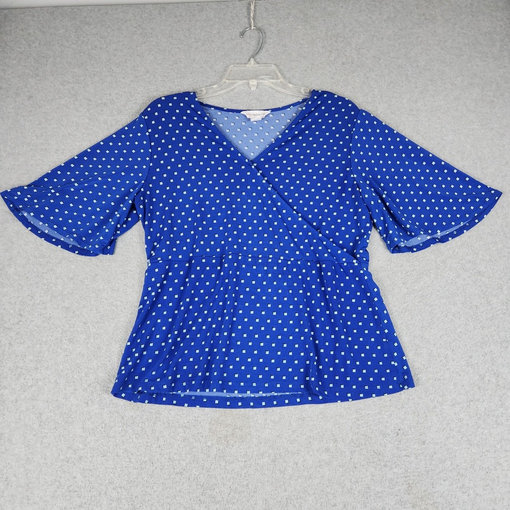 Liz Claiborne Peplum Top Womens Small Blue Patterned Flutter Sleeve Wrap V Neck